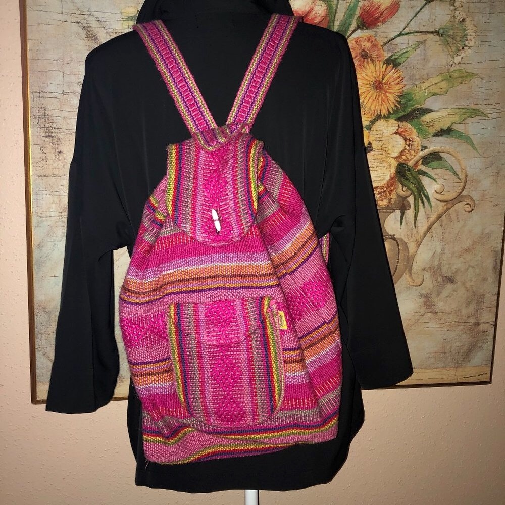 Artesanias Pinzon Mexican Boho Serape Hot Pink Large Backpack OS